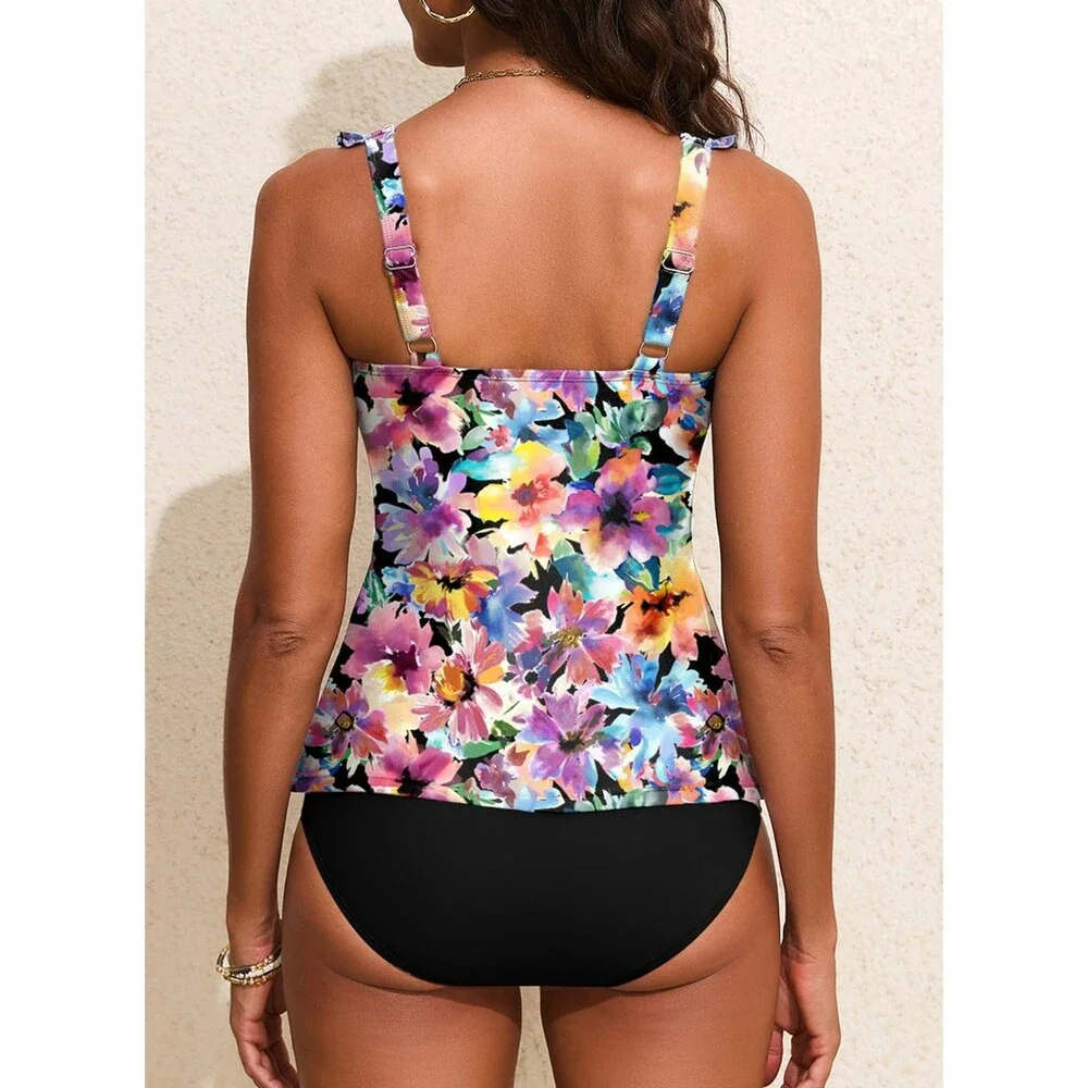 Aleumdr Women's Black Tankini Swimsuit Tummy Control Bathing Suit Shell Stitch L
